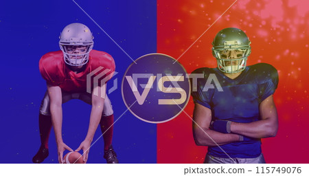 Image of gold confetti falling over two male american football players with vs text Image of gold confetti falling over two male american football players with vs text 115749076