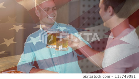 Image of american flag over happy caucasian male friends drinking in bar Image of american flag over happy caucasian male friends drinking in bar 115749081