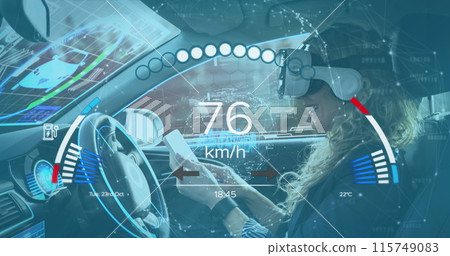 Image of car interface over caucasian woman with vr headset sitting in car Image of car interface over caucasian woman with vr headset sitting in car 115749083