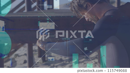Image of digital data processing over caucasian surfer 115749088