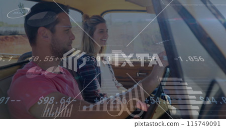 Image of digital data processing over two caucasian people in car Image of digital data processing over two caucasian people in car 115749091