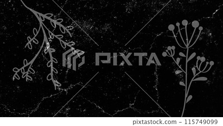 Image of white lightning flashes over grey plants on black background 115749099