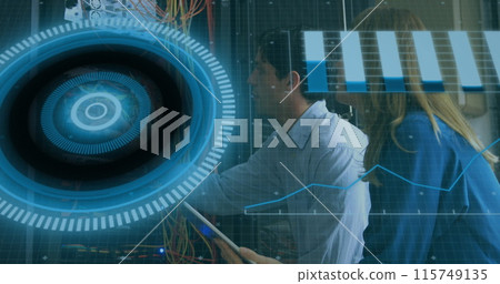 Image of data processing over caucasian male and female engineers working at server room Image of data processing over caucasian male and female engineers working at server room 115749135