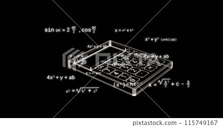 Image of calculator icon over mathematical equations on black background Image of calculator icon over mathematical equations on black background 115749167