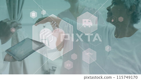 Image of data processing over caucasian female doctor with female patient 115749170