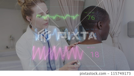 Image of data processing over caucasian female doctor with female patient 115749173
