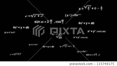 Image of icons over mathematical equations on black background 115749175