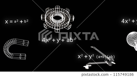 Image of icons over mathematical equations on black background 115749186