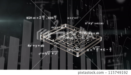 Image of calculator and financial data processing over black background Image of calculator and financial data processing over black background 115749192