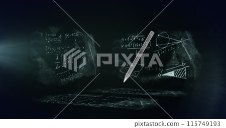 Image of school icons over mathematical equations on black background Image of school icons over mathematical equations on black background 115749193