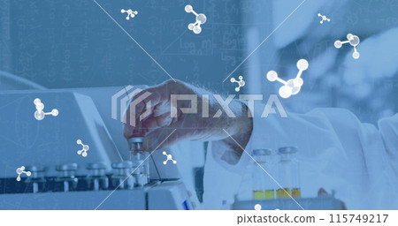 Image of molecules and mathematical equations over caucasian scientist holding vials in lab 115749217
