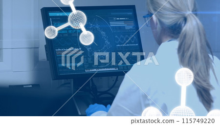 Image of molecules over caucasian female scientists using computer in lab 115749220