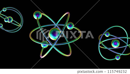 Image of atom models spinning on black background Image of atom models spinning on black background 115749232