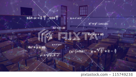 Image of mathematical equations and network of connections over empty classroom 115749238