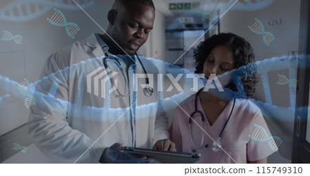 Image of dna and data processing over diverse doctors in hospital 115749310