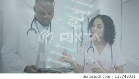 Image of dna and data processing over diverse doctors in hospital 115749331