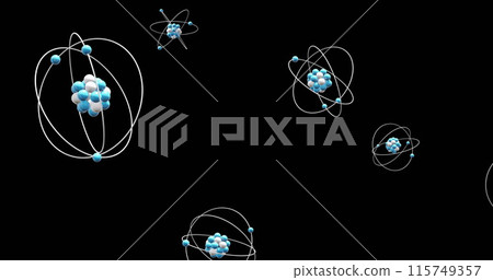 Image of atom models spinning on black background Image of atom models spinning on black background 115749357
