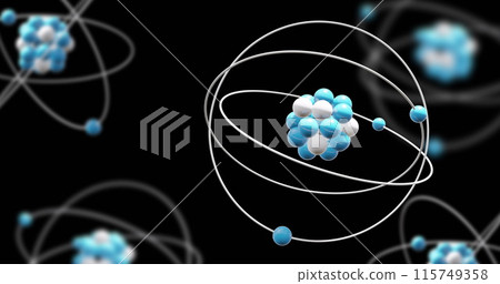 Image of atom models spinning on black background Image of atom models spinning on black background 115749358