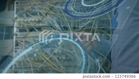 Image of moving geometrical shapes and data processing over people shaking hands 115749366