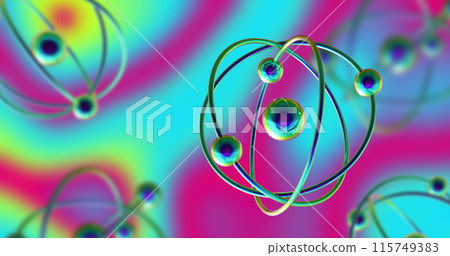 Image of atom models spinning over multicoloured vibrant background Image of atom models spinning over multicoloured vibrant background 115749383