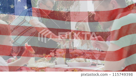 Image of flag of united states of america waving over smiling caucasian family Image of flag of united states of america waving over smiling caucasian family 115749398
