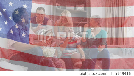 Image of flag of united states of america waving over smiling caucasian family Image of flag of united states of america waving over smiling caucasian family 115749416