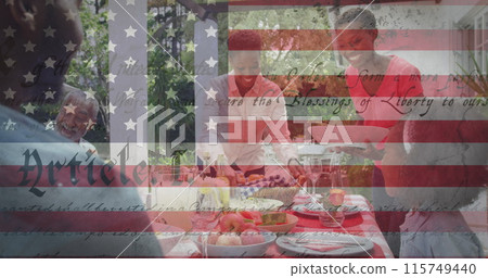 Image of flag of united states of america waving over smiling african american family 115749440