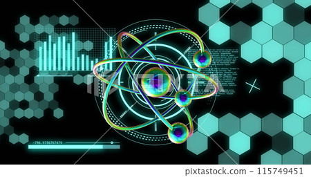 Image of atom model spinning and data processing on black background 115749451