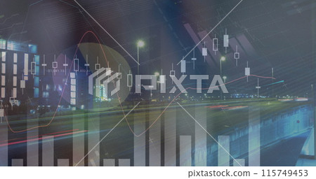 Image of financial data processing over cityscape Image of financial data processing over cityscape 115749453