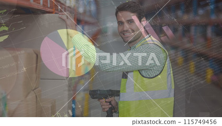 Image of financial data processing over smiling man working in warehouse Image of financial data processing over smiling man working in warehouse 115749456