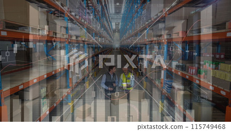 Image of financial data processing over men working in warehouse Image of financial data processing over men working in warehouse 115749468
