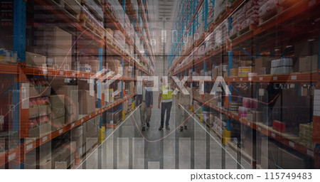Image of financial data processing over men in warehouse Image of financial data processing over men in warehouse 115749483