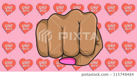 Image of female fist over multiple girls rock text on heart 115749484