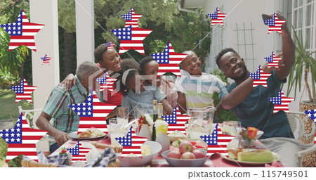 Image of stars with flag of united states of america waving over smiling african american family Image of stars with flag of united states of america waving over smiling african american family 115749501