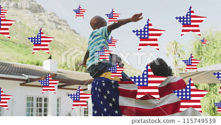 Image of stars with flag of united states of america waving over smiling african american family Image of stars with flag of united states of america waving over smiling african american family 115749539