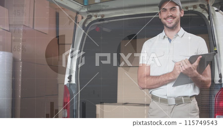 Statistical data processing against portrait of caucasian delivery man with clipboard smiling Statistical data processing against portrait of caucasian delivery man with clipboard smiling 115749543