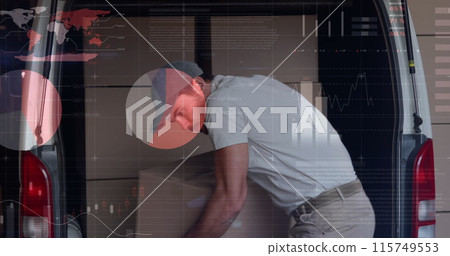 Image of statistics and financial data processing over delivery man and van Image of statistics and financial data processing over delivery man and van 115749553