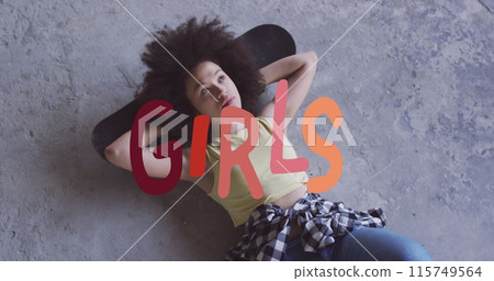 Image of girl text over woman lying on the floor 115749564