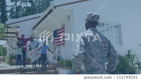 Image of flag of united states of america waving over african american family welcoming soldier 115749591