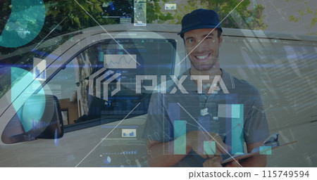 Image of statistics and financial data processing over delivery man and van Image of statistics and financial data processing over delivery man and van 115749594