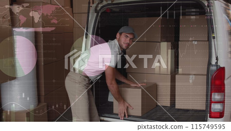 Image of statistics and financial data processing over delivery man and van Image of statistics and financial data processing over delivery man and van 115749595