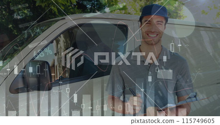 Image of statistics and financial data processing over delivery man and van 115749605