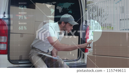 Image of statistics and financial data processing over delivery man and van 115749611