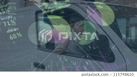 Image of statistics and financial data processing over delivery man and van 115749620