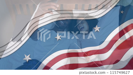 Image of flag of usa waving over african american father and daughter taking selfie Image of flag of usa waving over african american father and daughter taking selfie 115749627