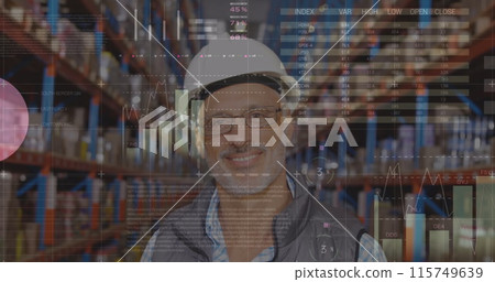 Statistical data processing against portrait of senior male supervisor smiling at warehouse Statistical data processing against portrait of senior male supervisor smiling at warehouse 115749639