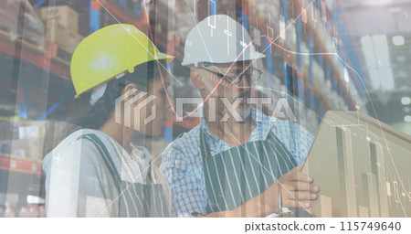 Financial data processing against male and female diverse workers working at warehouse 115749640