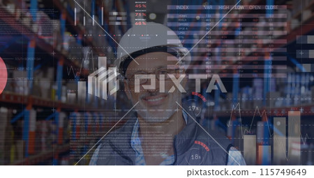 Statistical data processing against portrait of senior male supervisor smiling at warehouse 115749649