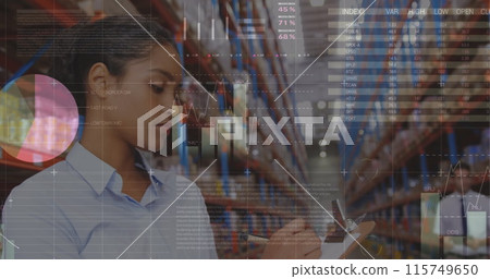 Statistical data processing against african american female supervisor checking stock at warehouse 115749650