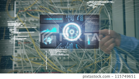 Image of data processing on digital screen over hands of caucasian man holding wires 115749651